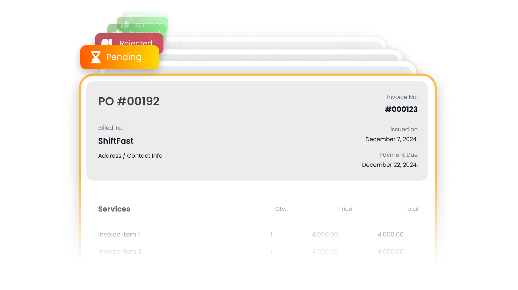 Purchase order interface showing approval status — with a yellow “Pending” tag, a red “Rejected” tag, and a green “Approved” tag stacked above.