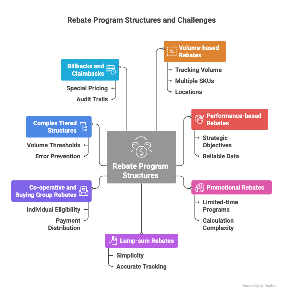 Illustration showing different types of B2B rebate structures, with each rebate type represented as a labeled category in a visual layout.