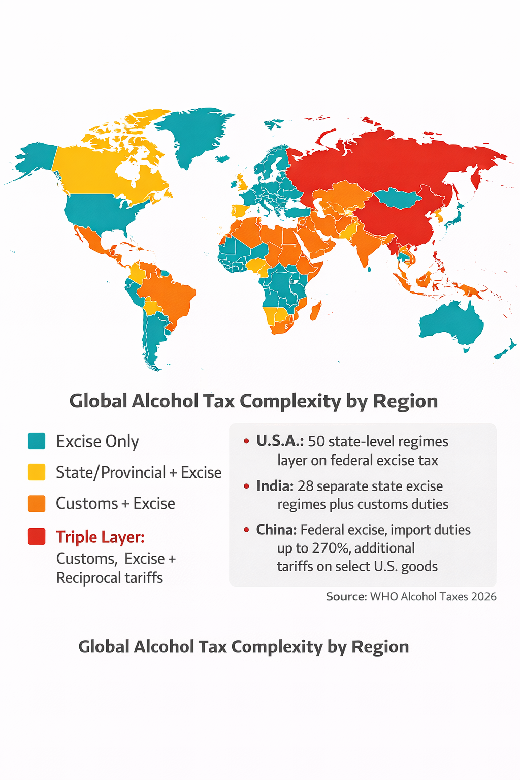 World map showing different alcohol tax structures by region