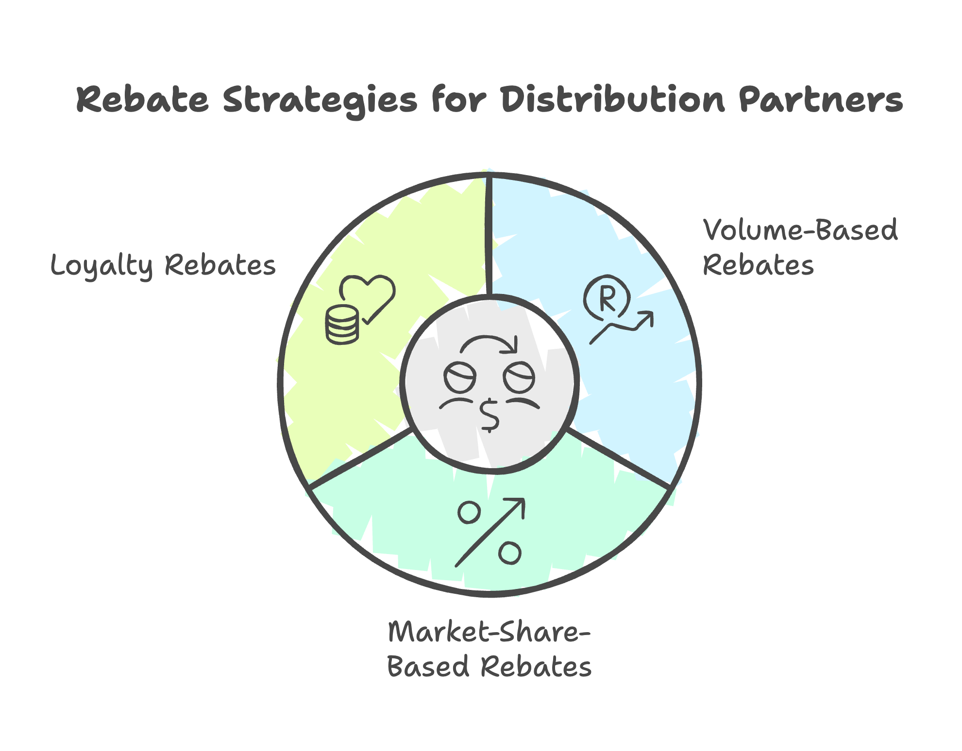 Pie chart showing three rebate types: volume-based, loyalty, and market-share-based rebates.