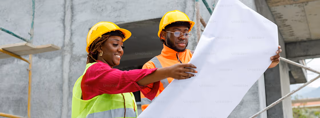 Two construction workers wearing yellow helmets and safety vests reviewing a large blueprint at a building site.