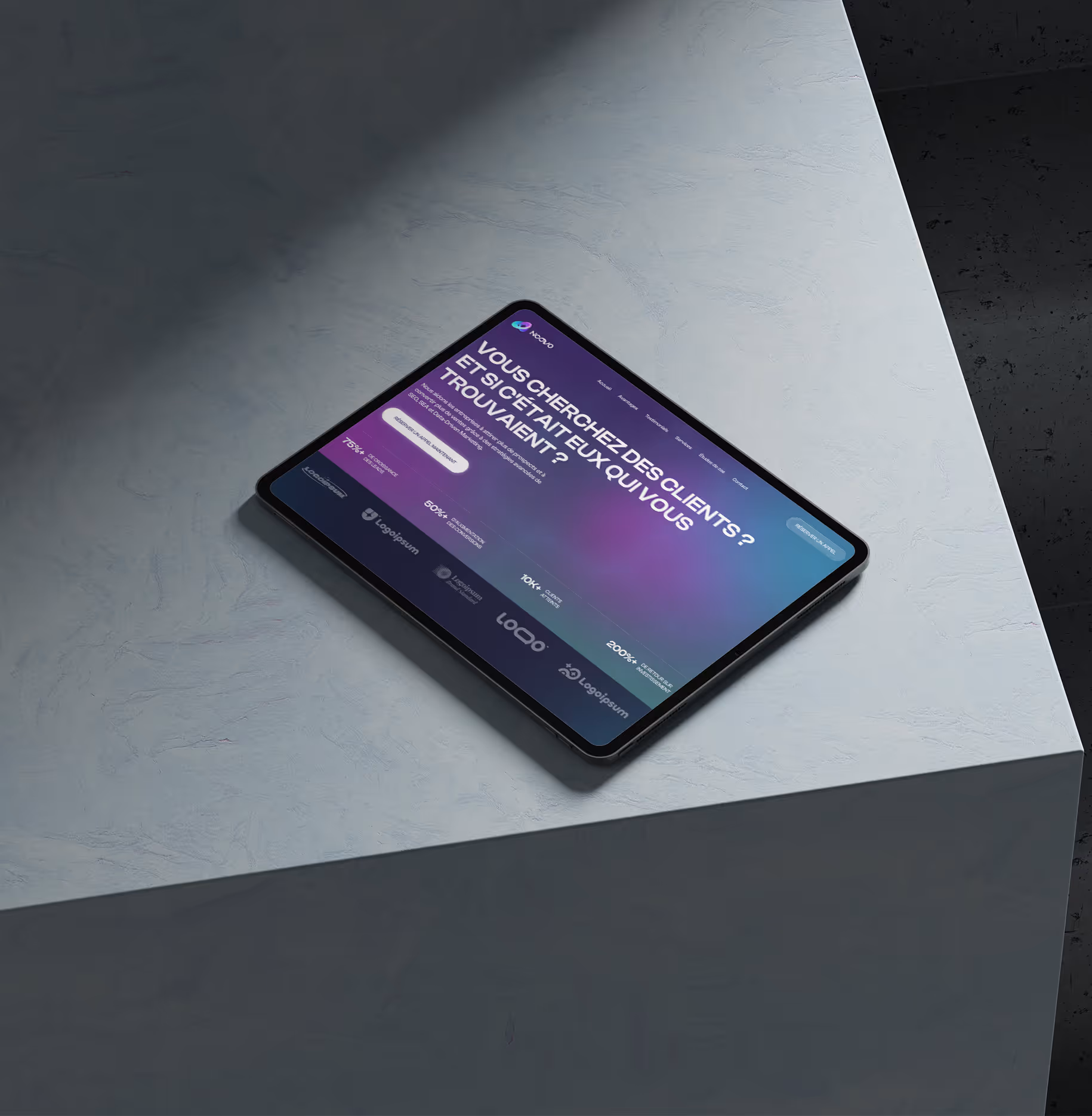 Tablet mockup displaying the Noo-vo website case study.