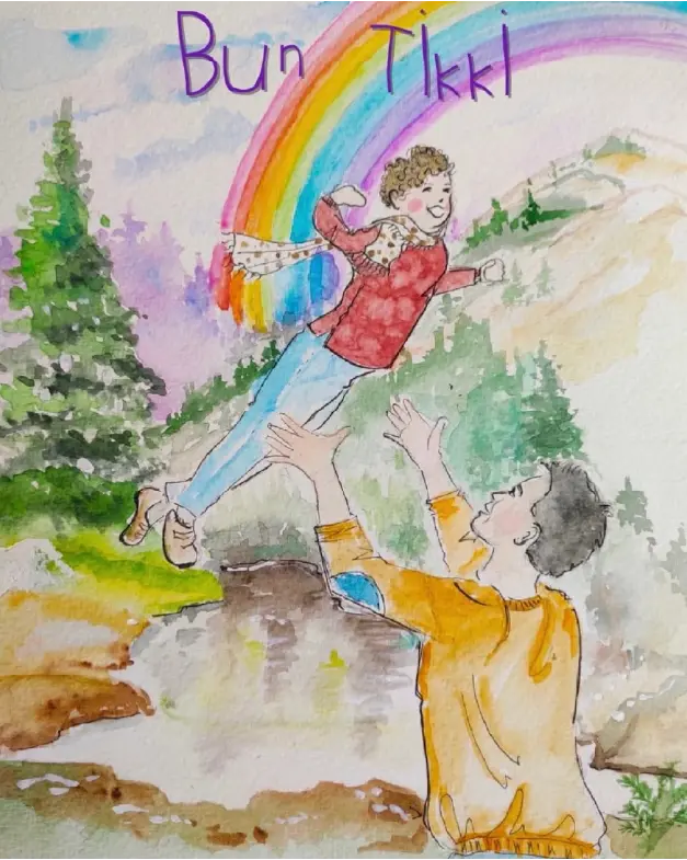 Watercolor concept art for the Bun Tikki movie poster, featuring an illustration of a father lifting a child high in the air under a bright rainbow; a Stage5 Production directed by Faraz Arif Ansari.