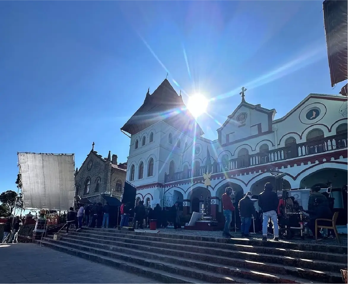 On-location filming of the Stage5 Production, Bun Tikki, showcasing the historic exterior and technical crew.