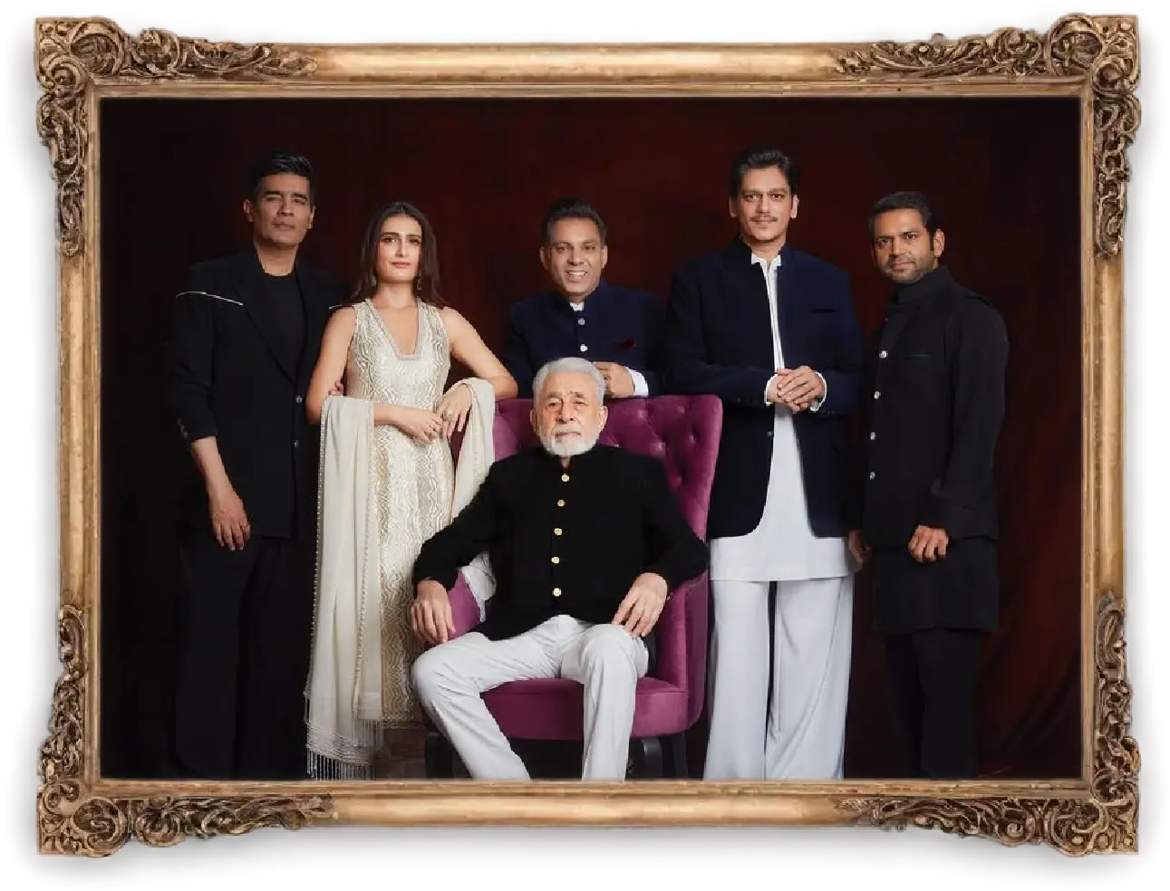 Producer Manish Malhotra with the cast of Gustaakh Ishq: Fatima Sana Shaikh, Vijay Varma, Naseeruddin Shah, Sharib Hashmi, and Dinesh Malhotra.
