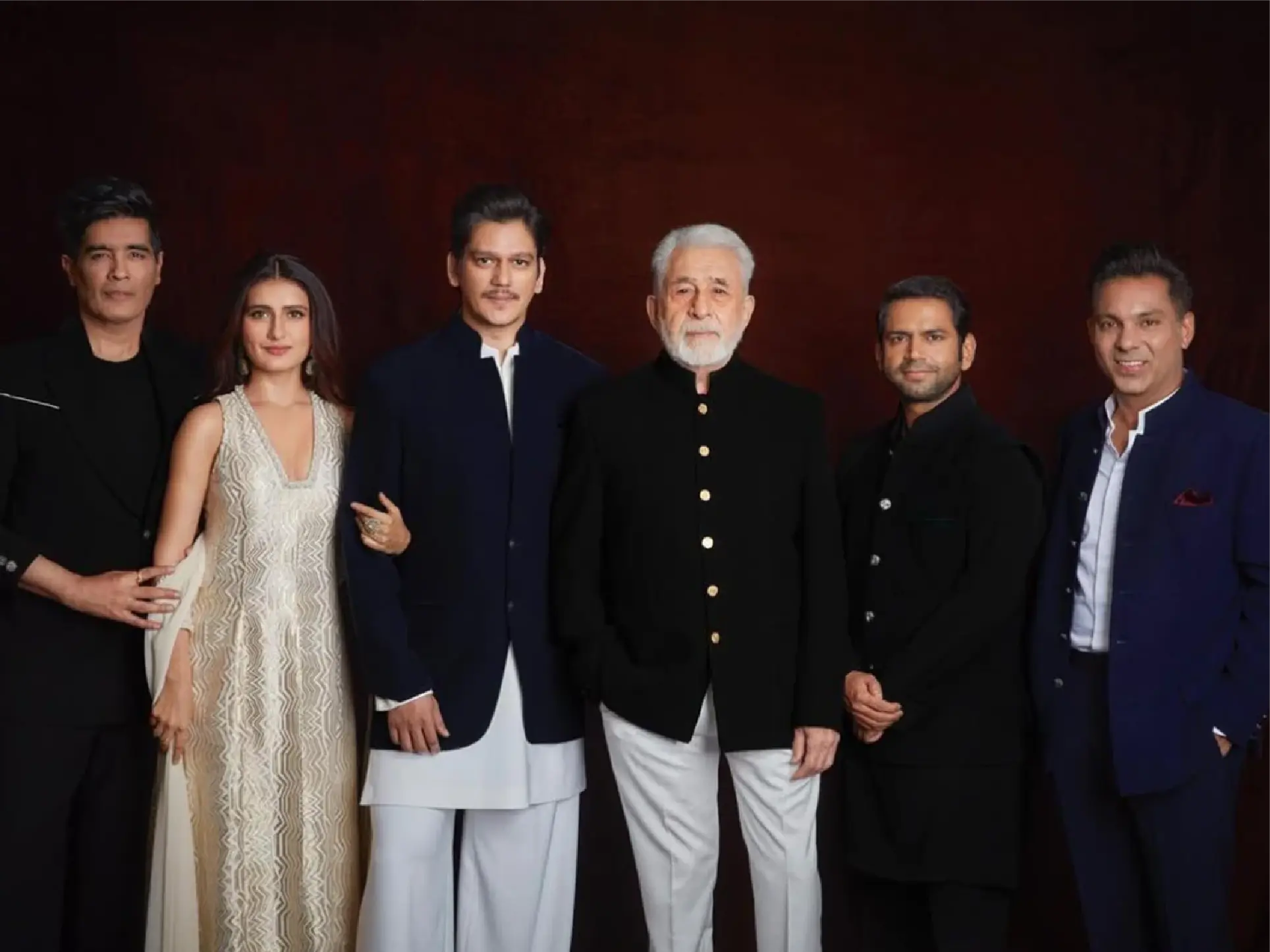 Producer Manish Malhotra with the cast of Gustaakh Ishq: Fatima Sana Shaikh, Vijay Varma, Naseeruddin Shah, Sharib Hashmi, and Dinesh Malhotra.