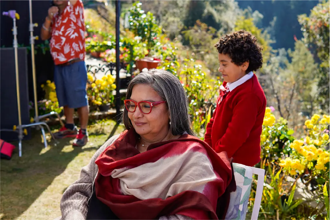 Actors Shabana Azmi and Rohaan Singh on the set of the movie Bun Tikki; behind-the-scenes production still.