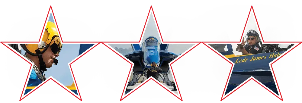 Collage of three images framed by yellow star outlines: a pilot in a yellow helmet preparing in cockpit, a person walking toward a blue fighter jet, and a pilot in a cockpit waving with the name Lcdr James Haley visible.