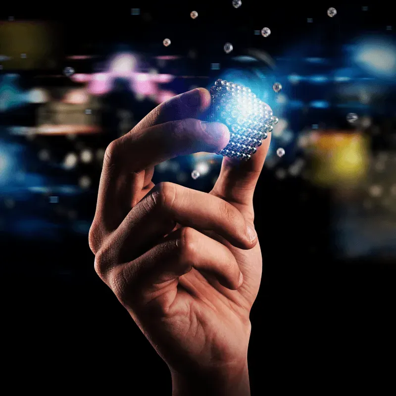 A hand holding a glowing, led-infused dice against a bokeh light background.