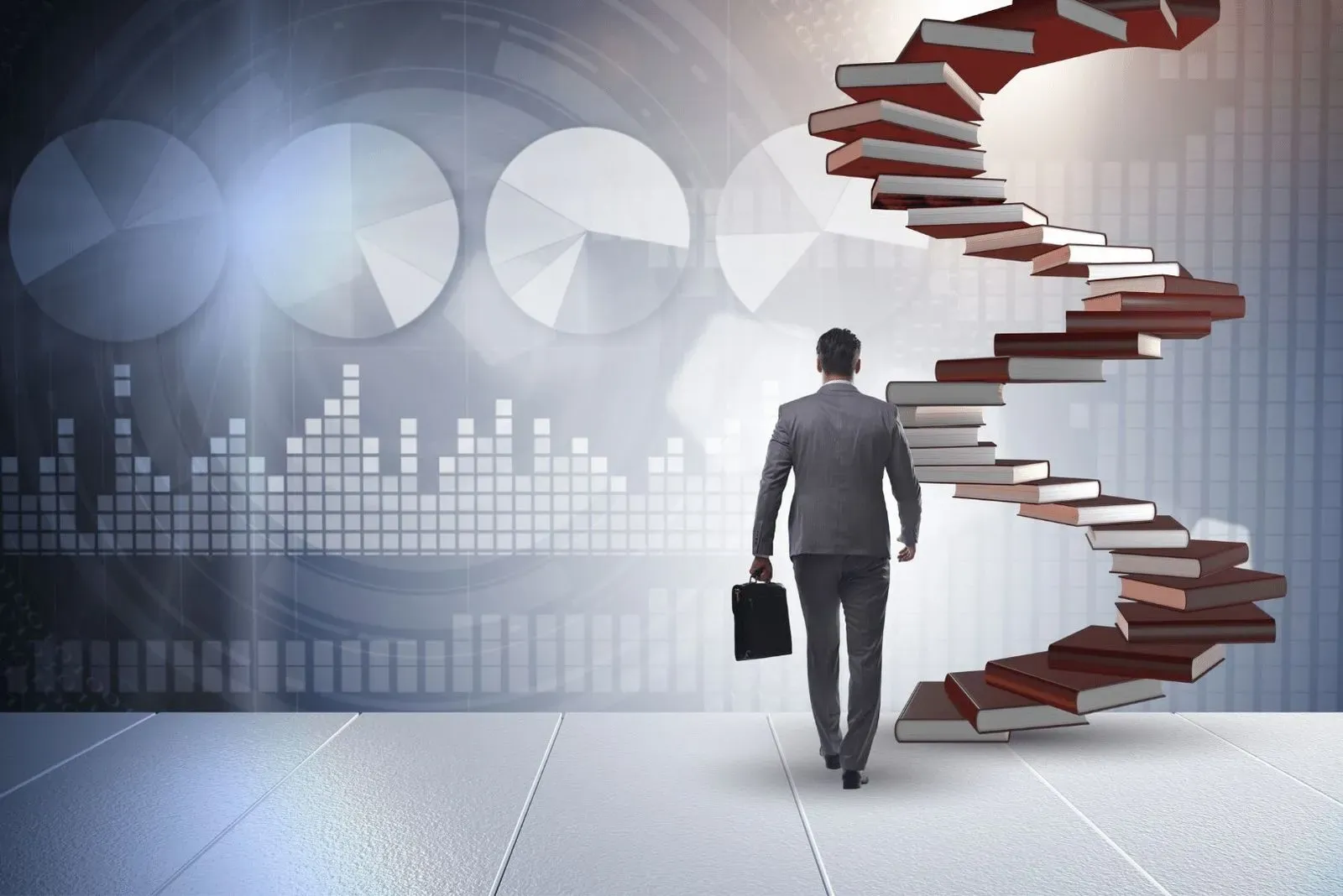 A businessman is walking up a spiral staircase.