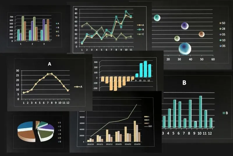 A group of graphs on a black background.
