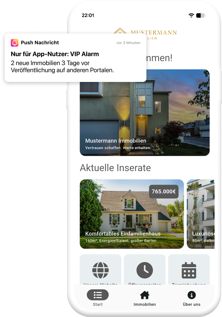 Beispiel einer App für Immobilienmakler mit Push-Nachricht