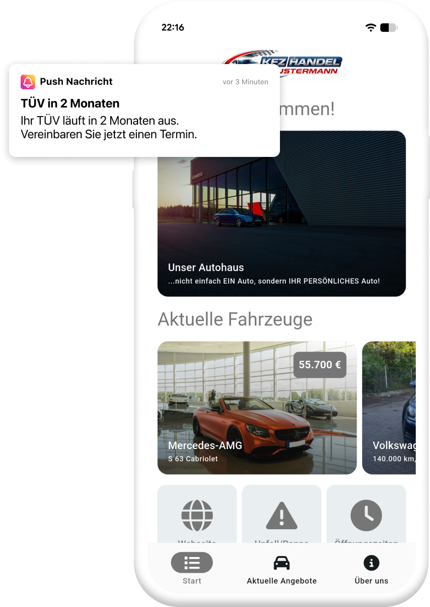 Beispiel einer App für KFZ Betriebe mit Push-Nachricht