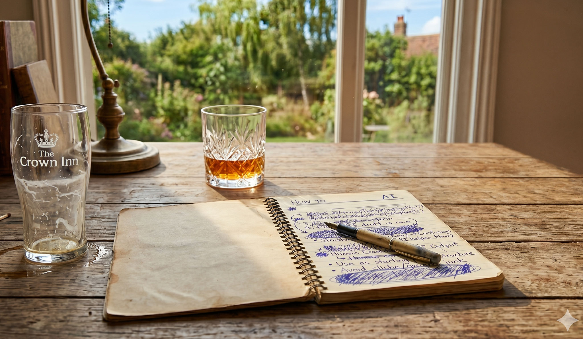 note pad with some thoughts written down and a empty beer glass beside.