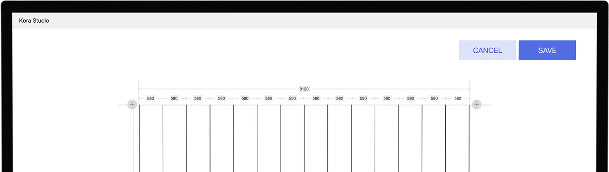Kora Studio interface showing a grid layout with columns labeled