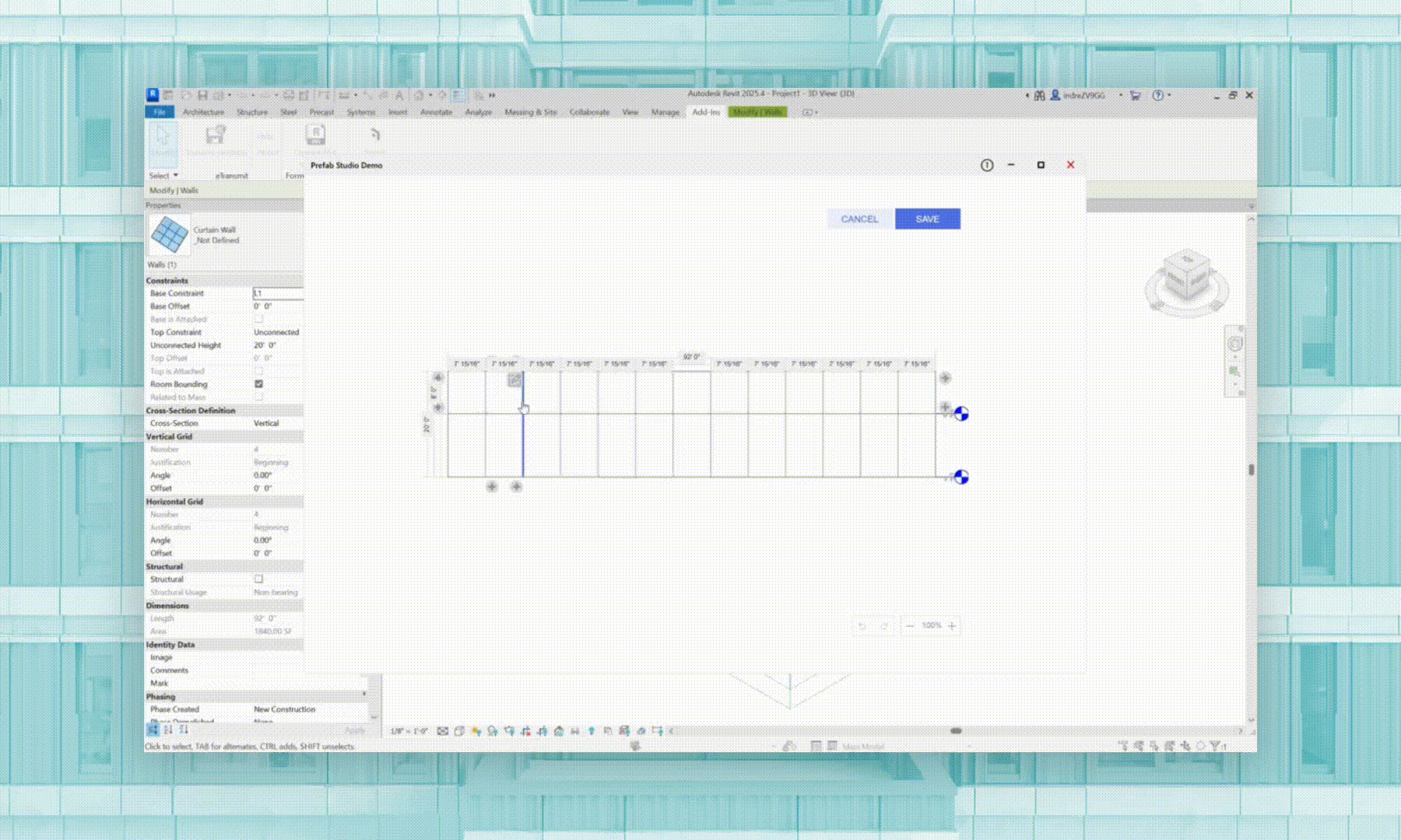 Software interface showing a grid editor for adjusting vertical and horizontal grid lines on a curtain wall in a building design program.