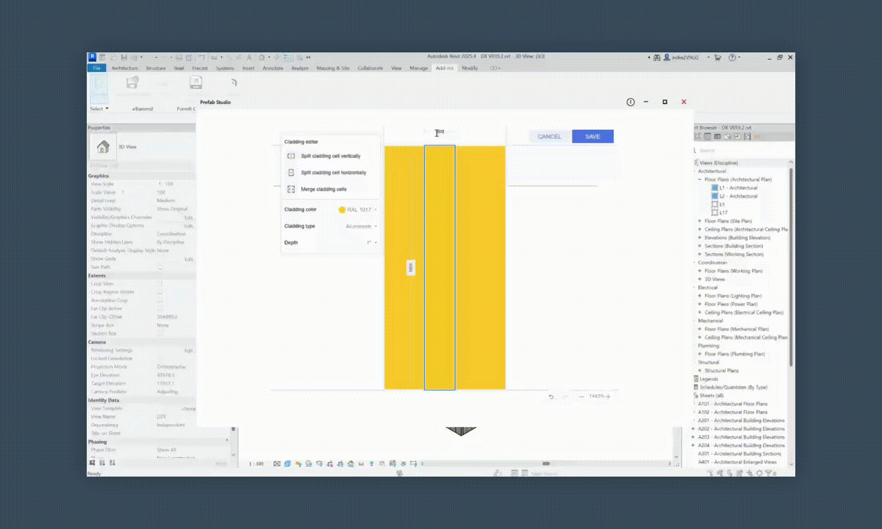Autodesk Revit software interface showing Prefab Studio cladding editor with options to split or merge cladding cells and adjust color, type, and depth.
