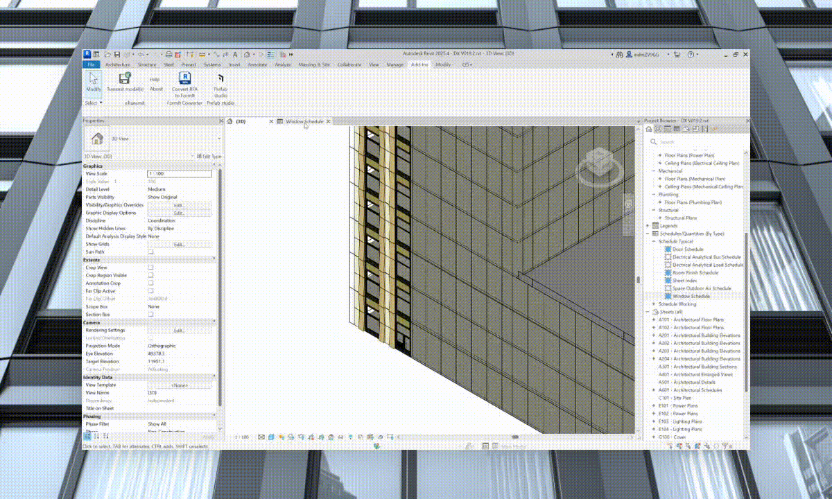 Animated 3D architectural modeling software interface showing a building corner with window details and project schedule elements.