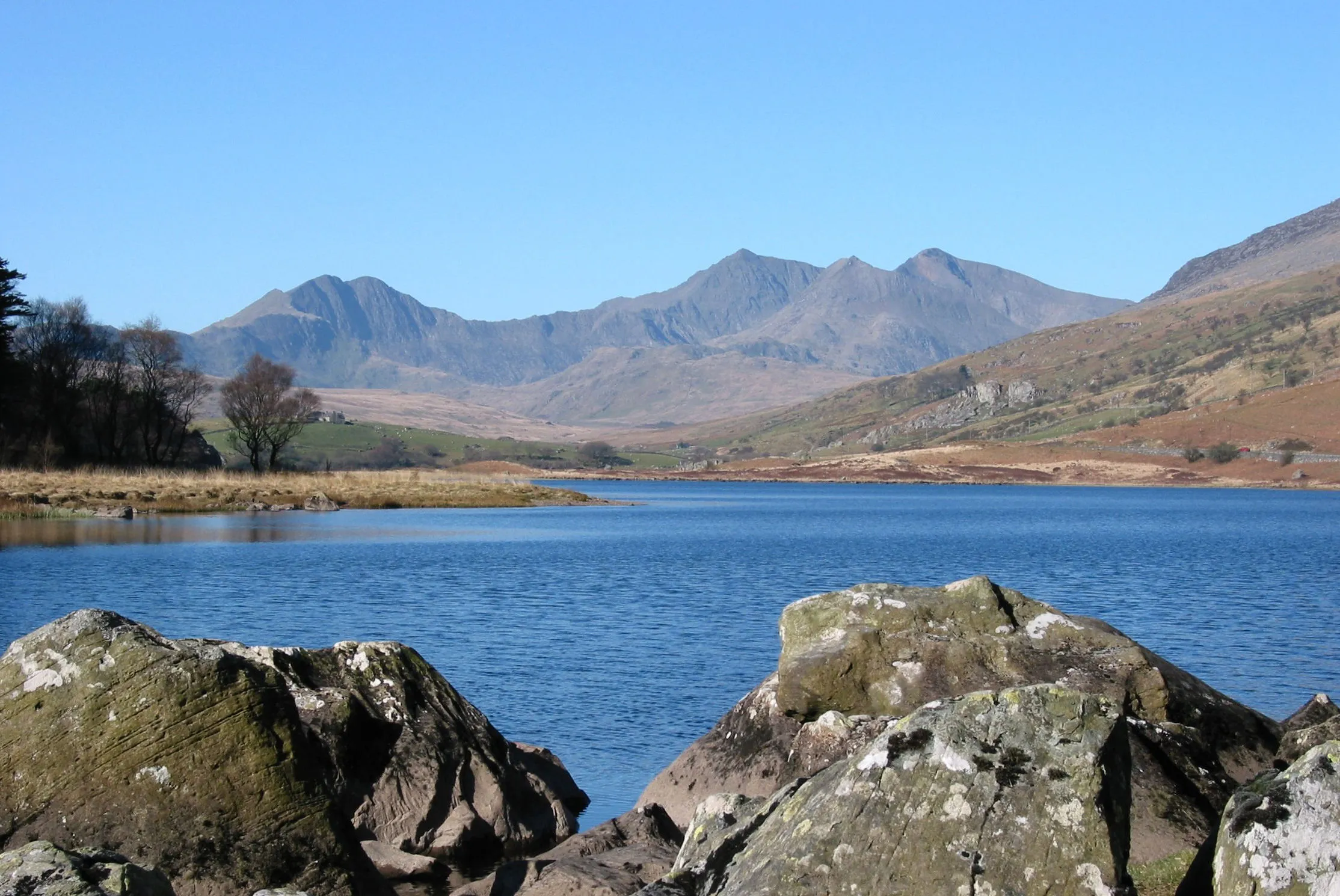 View of the Snowdon Horseshoe mountain ridge from Capel Curig, Snowdonia