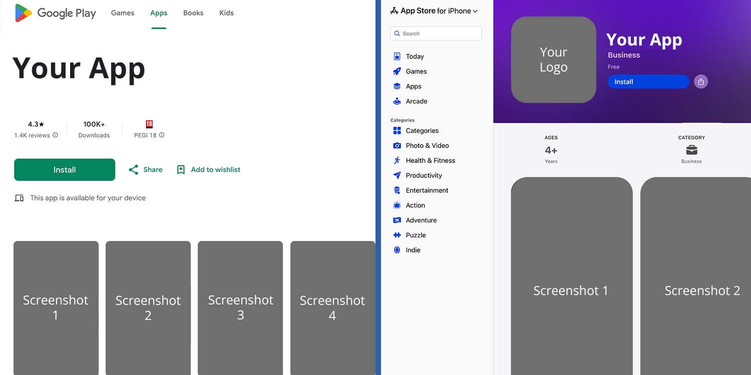 Representation of how app is shown on Google Play Store and App Store