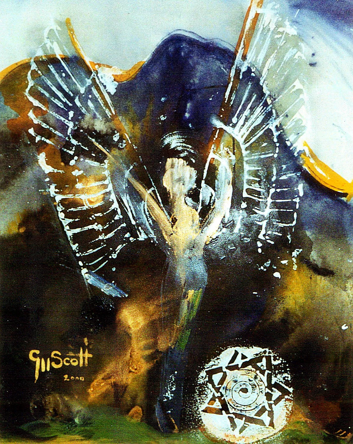 Abstract painting of a figure with large translucent wings and raised arms, surrounded by dark and golden hues with a geometric circular symbol.