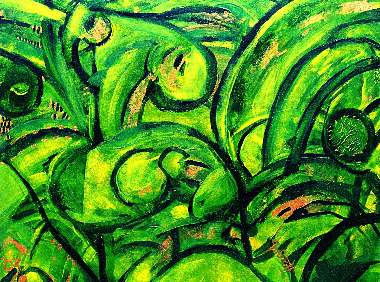 Abstract painting with swirling green and yellow shapes accented by dark lines and hints of orange.