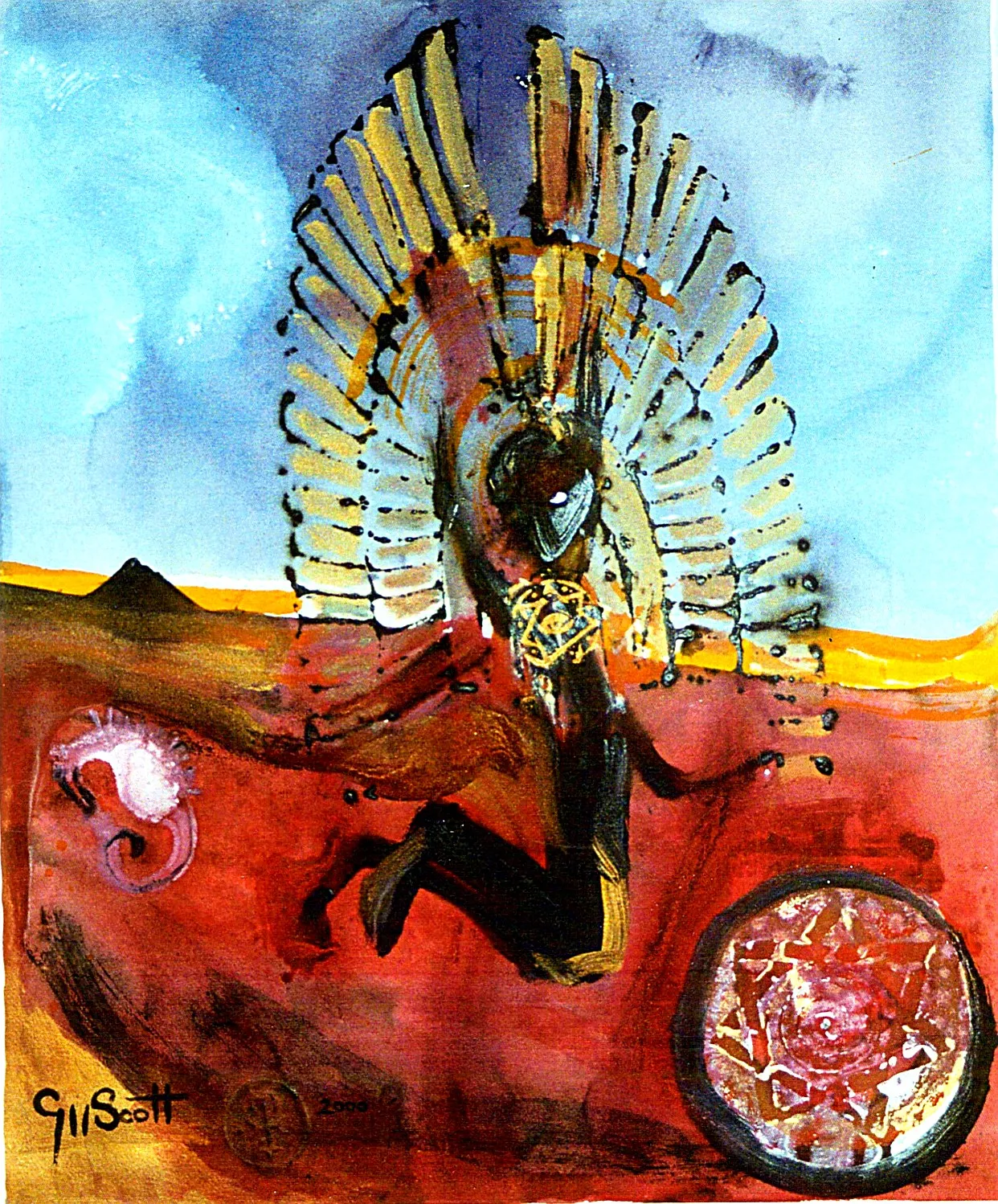 Abstract painting featuring a central figure with an elaborate feathered headdress and a mask, surrounded by red and gold earthy tones, a circular patterned object on the lower right, and a small curled creature on the left.