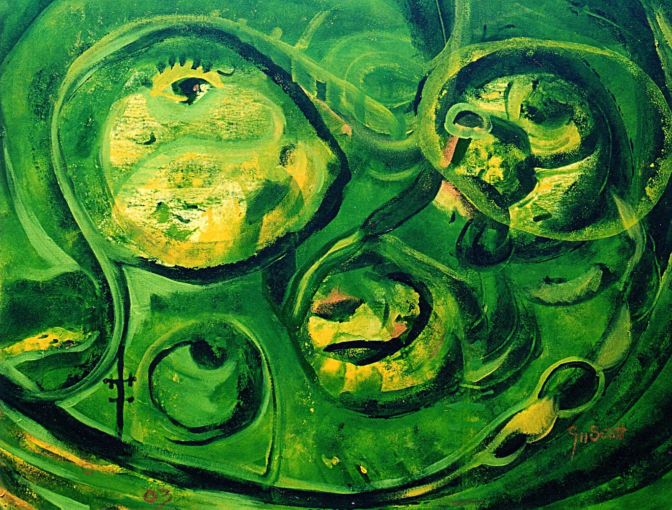 Abstract green and yellow painting depicting swirling shapes resembling faces and eyes.