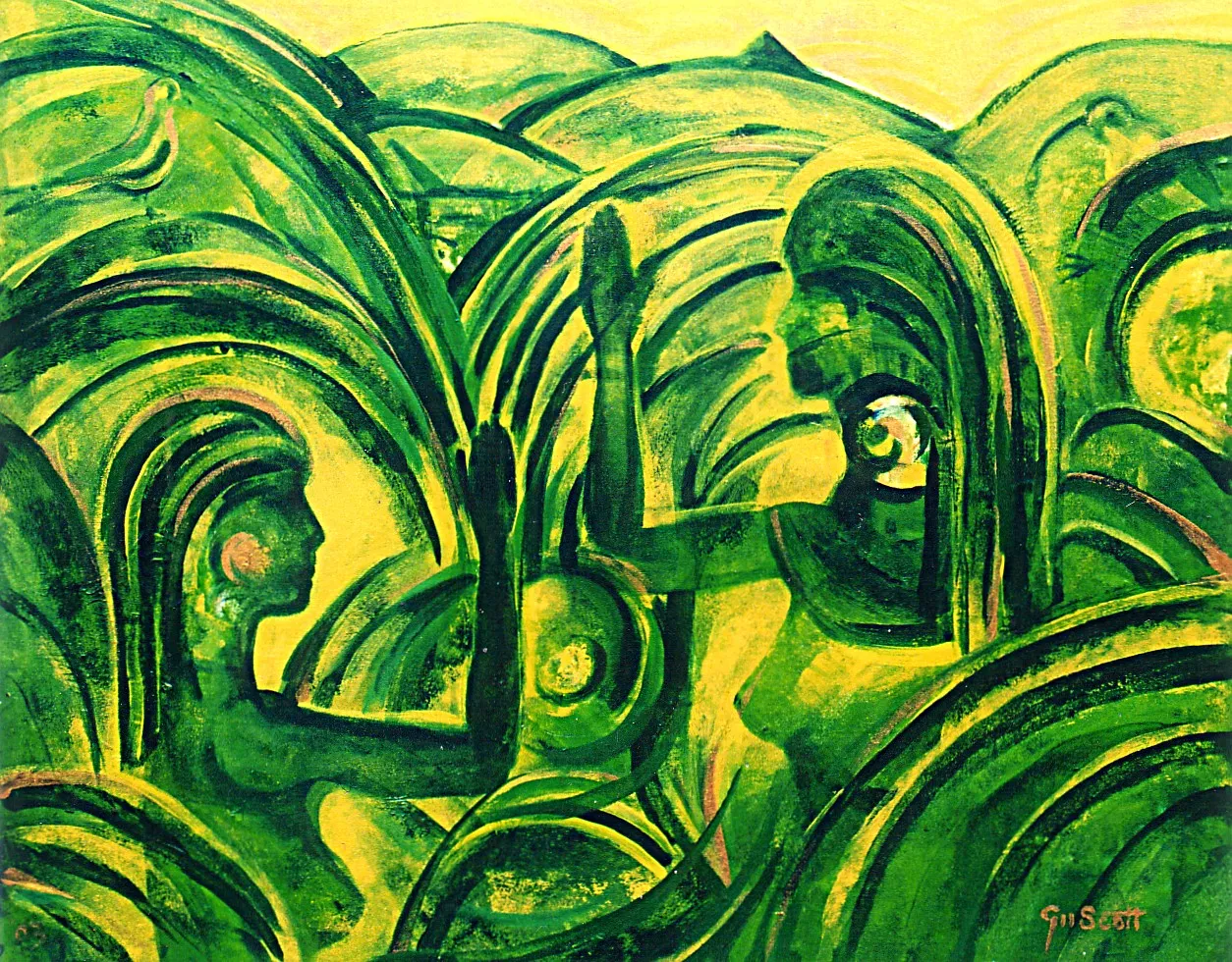 Abstract green and yellow painting of two human profiles facing each other with raised hands and swirling shapes around them.