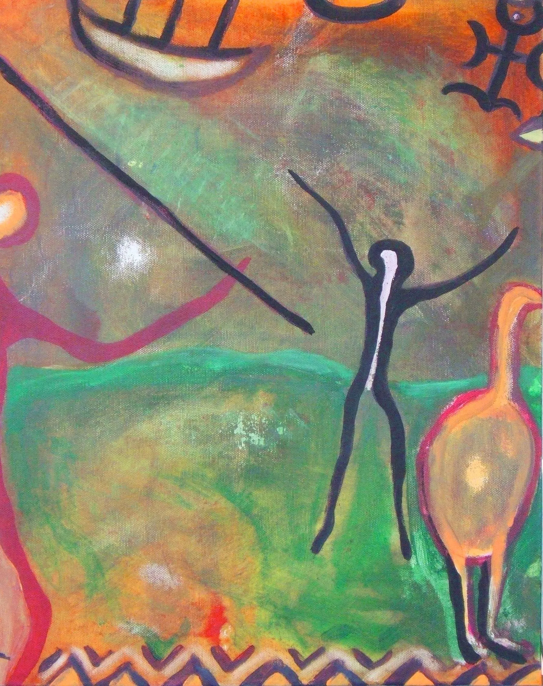 Abstract painting with human-like figures and a bird against a colorful background with green, orange, and brown hues.