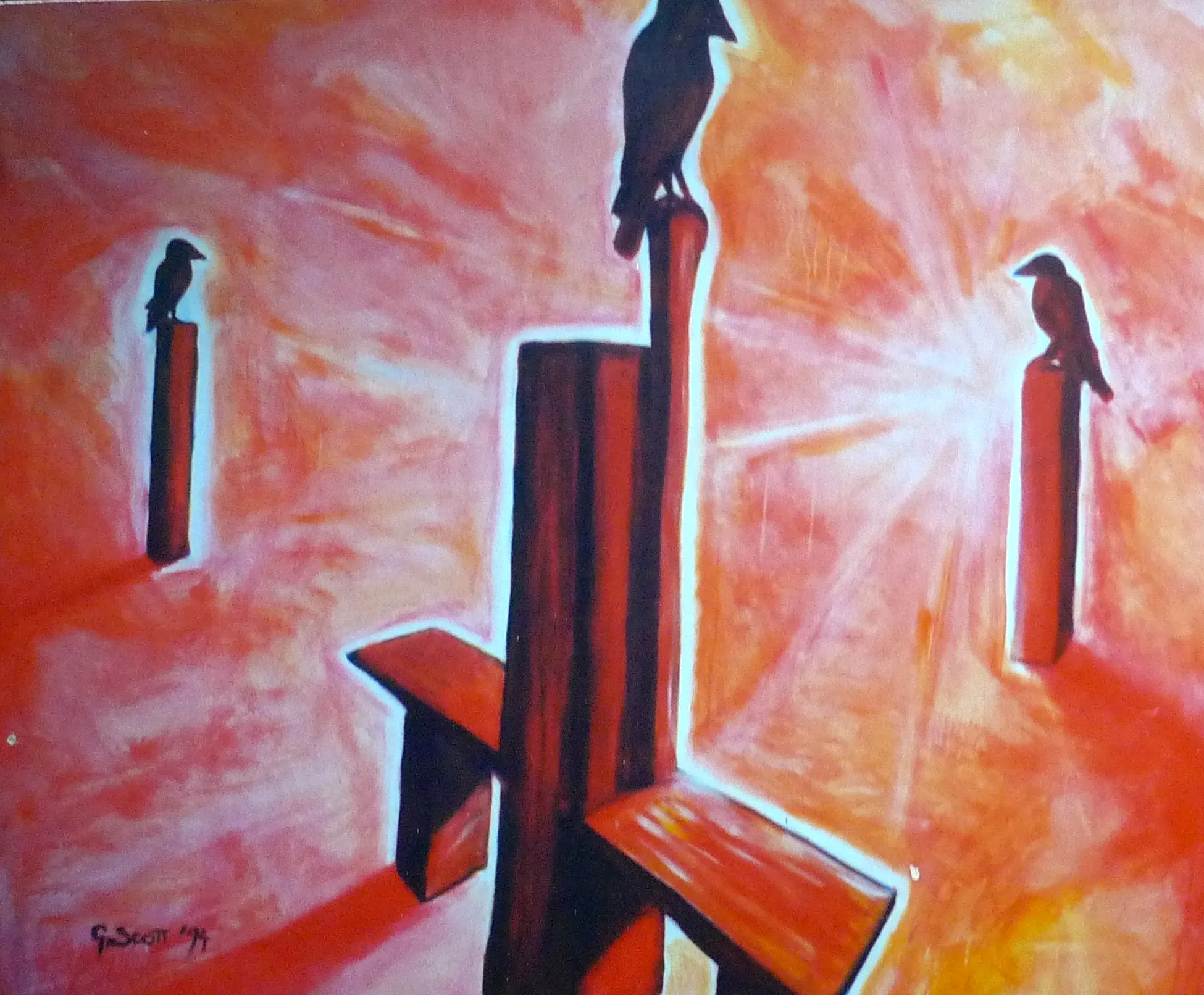 Painting of three crows perched on tall, rectangular wooden posts against a glowing orange and pink background.