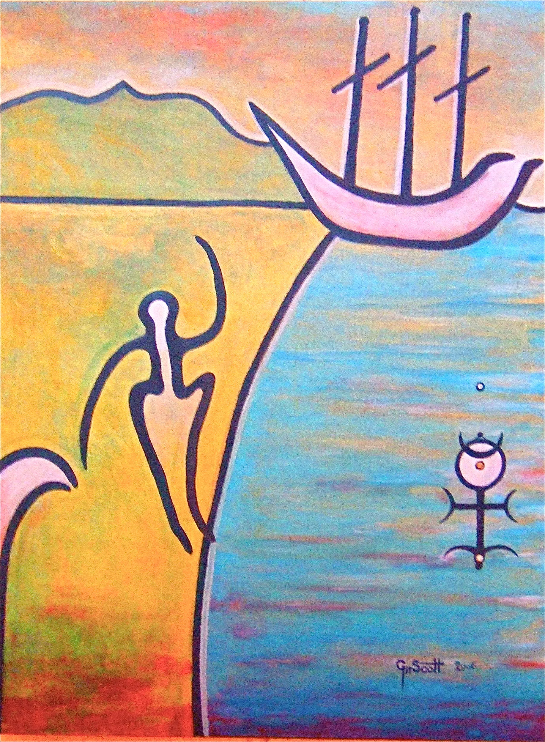 Abstract painting depicting a stylized figure on a yellow-orange land waving towards a pink sailboat on blue water with a faceless symbol floating in the water.