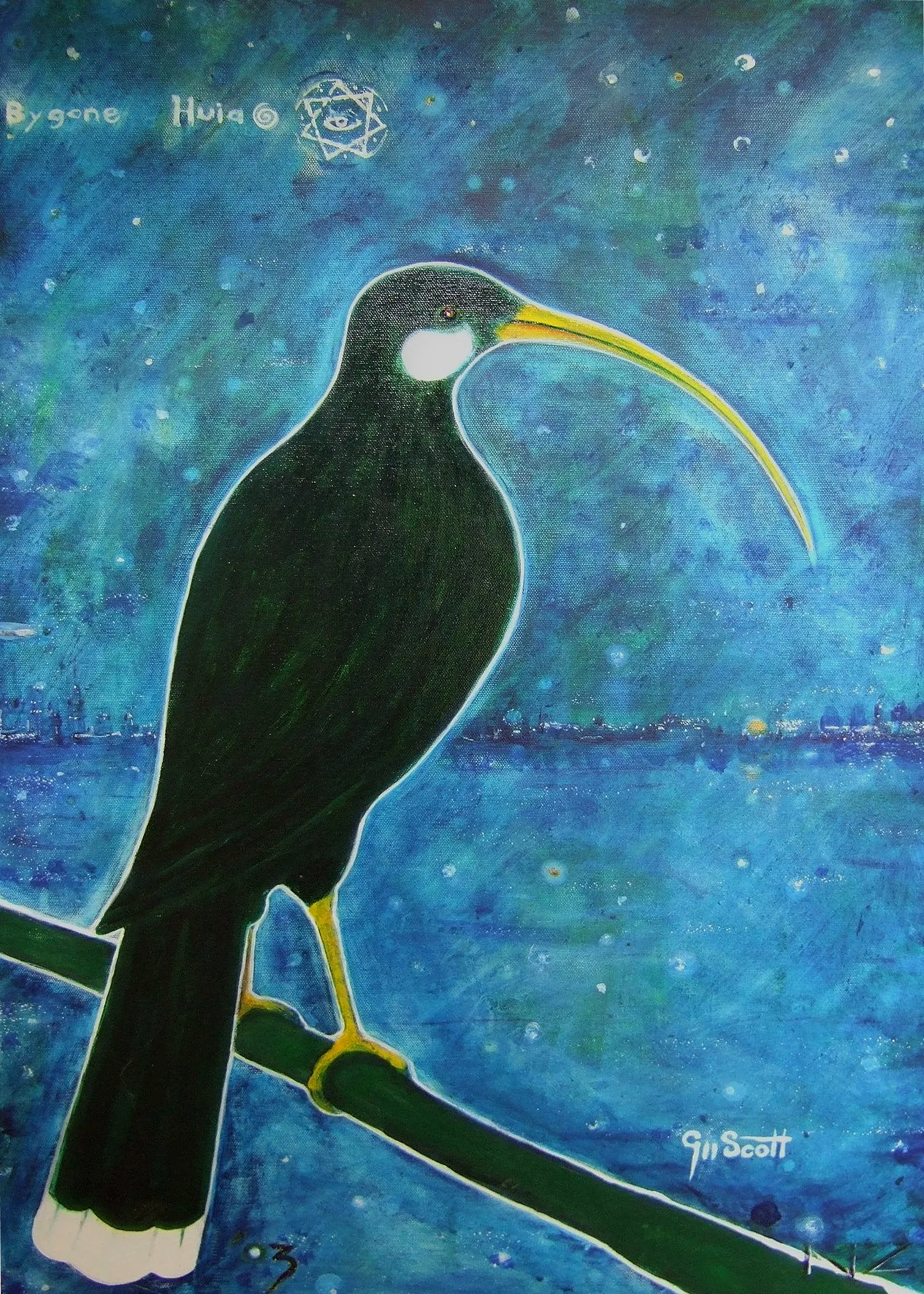 Painting of a black Huia bird with a long, curved yellow beak perched on a branch against a blue starry background.