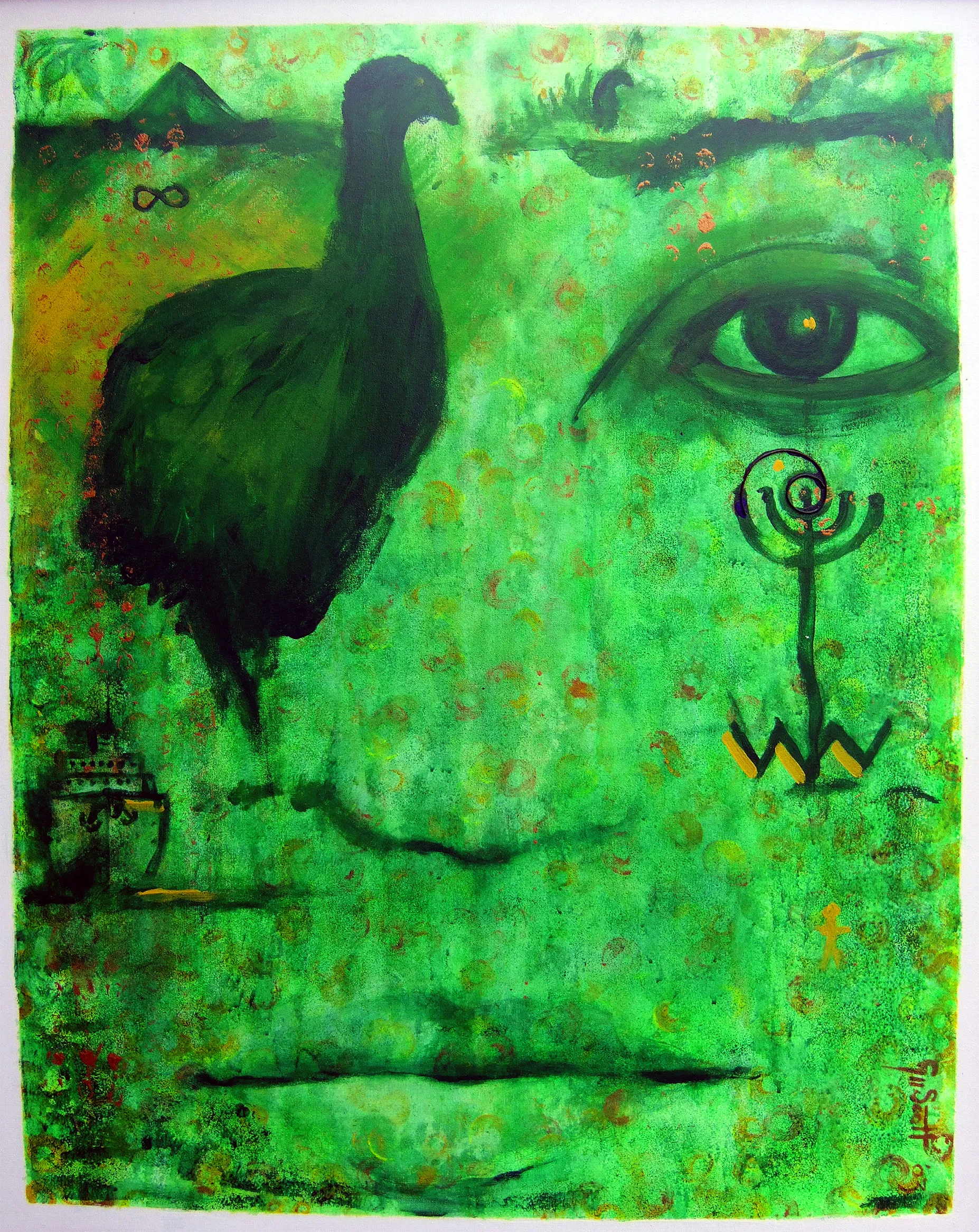 Abstract green-toned painting featuring a large bird silhouette, a detailed human eye, geometric shapes, and symbols on a textured background.
