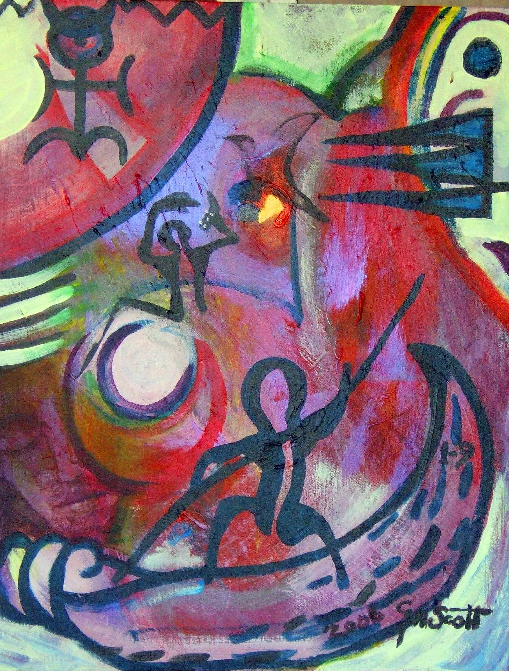 Abstract painting with a red and purple canoe-like shape populated by stylized black figures holding oars, with a crescent shape and circular elements in the background.