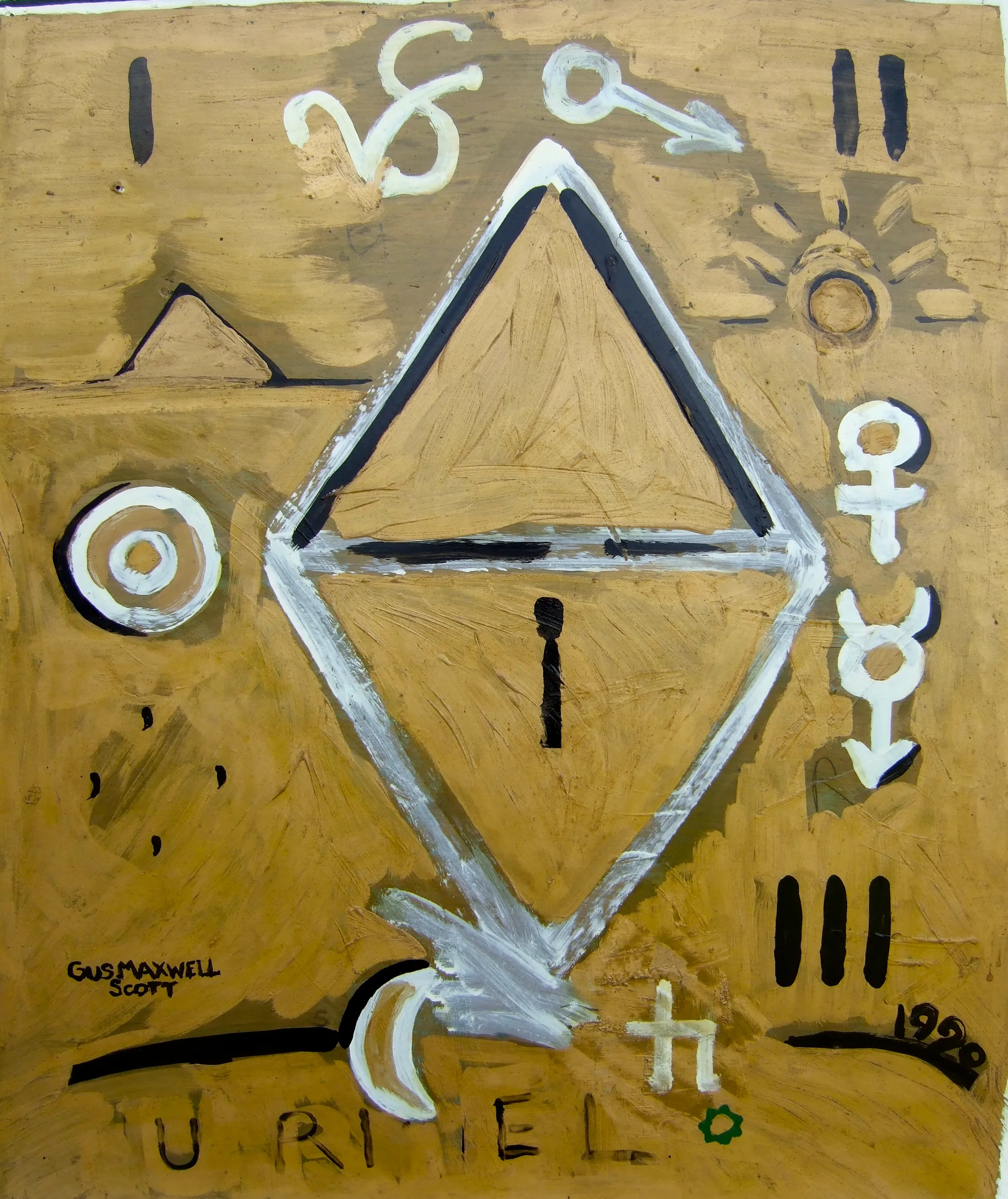 Abstract painting with a central diamond shape outlined in white and black, surrounded by various symbols including a crescent moon, sun, arrows, and planetary signs on a textured brown background.