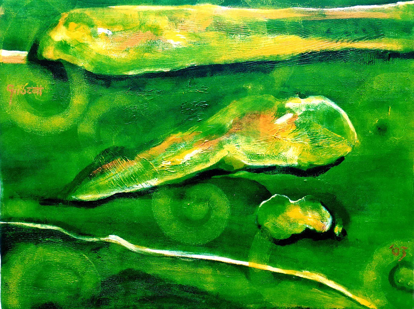 Abstract painting titled 'Another Green World' featuring green and yellow organic shapes on a green textured background.