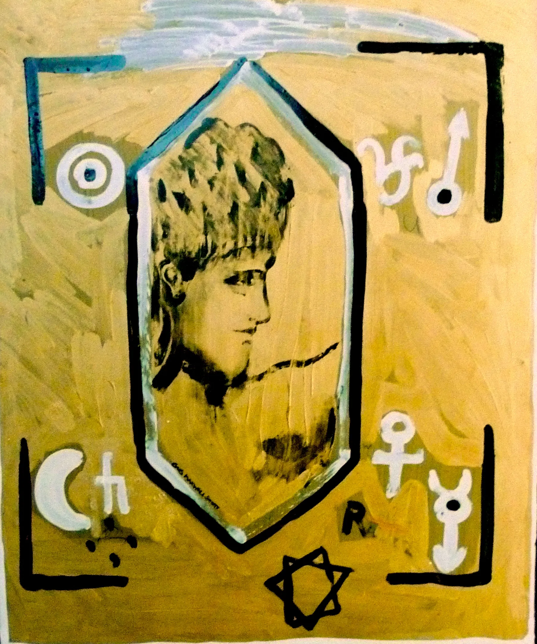 Abstract painting featuring a profile of a person's face inside a hexagonal frame, surrounded by various astrological and alchemical symbols on a yellow background.