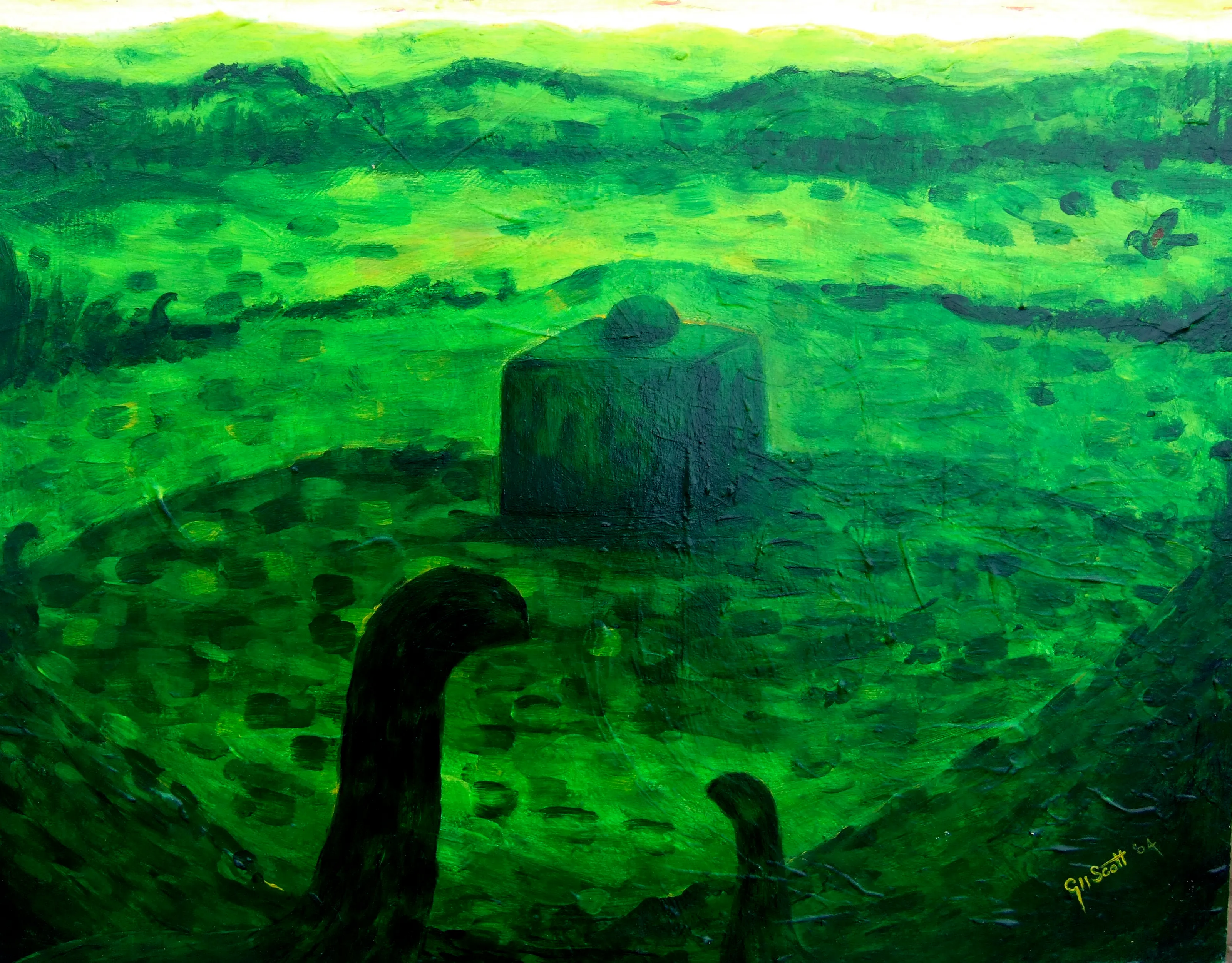 Abstract green-toned painting featuring a central cubic shape with a sphere on top and two dark, curved appendages in the foreground.