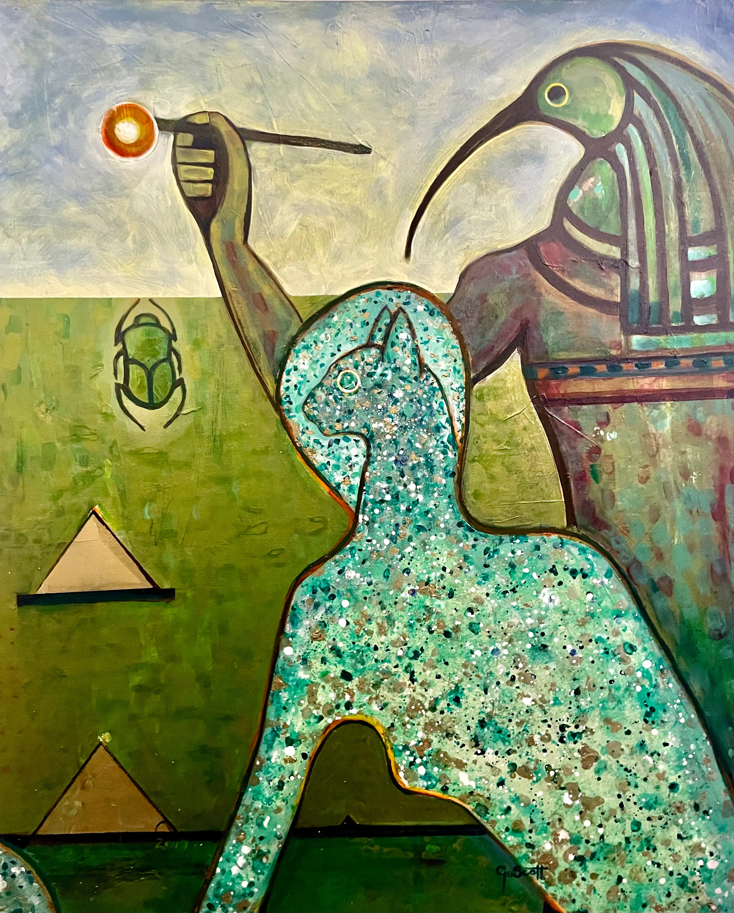 Abstract painting featuring an Egyptian-style figure with a bird head holding a staff with a glowing orb, a speckled turquoise cat silhouette, two pyramids, and a scarab beetle on a green background.