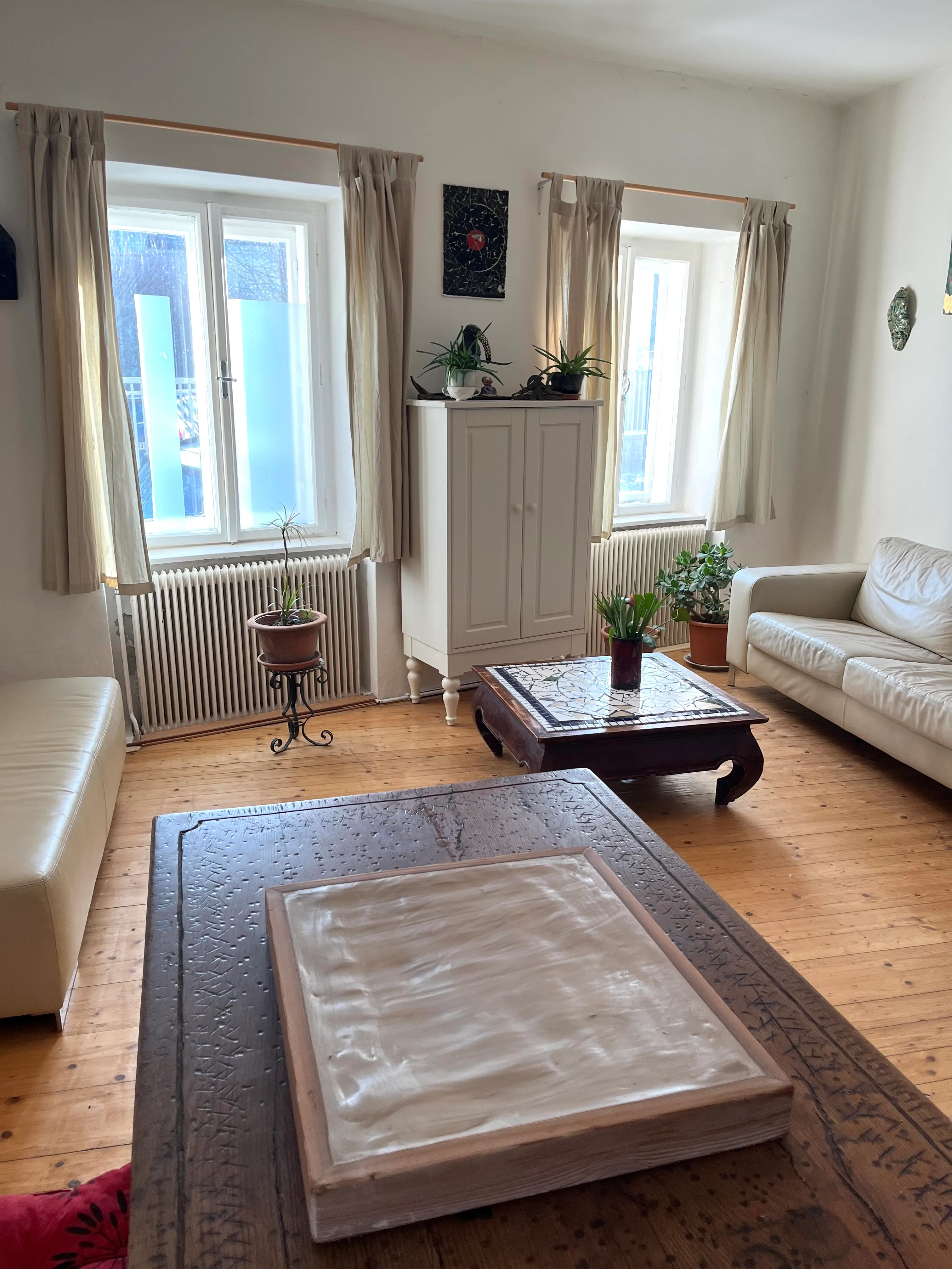 Helles Wohnzimmer mit zwei Fenstern, hellen Vorhängen, hellem Ledersofa, Holzfußboden, Pflanzen und zwei dunklen Holztischen.