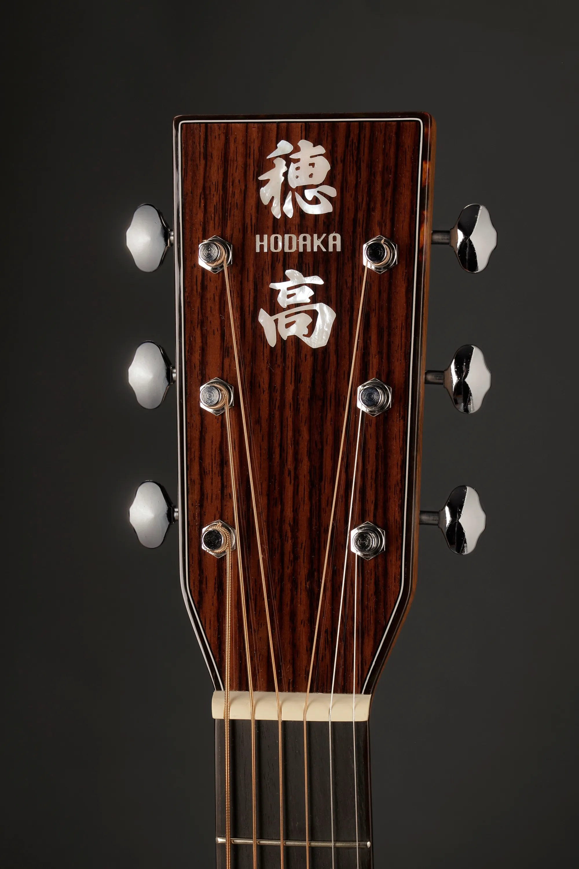 Close-up photography of Hodaka guitars.