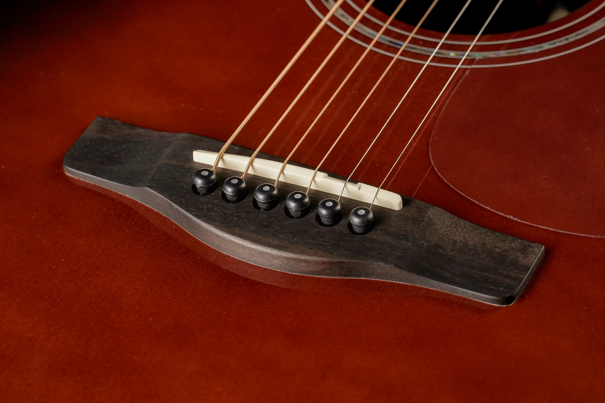 Close-up photography of Hodaka guitars.