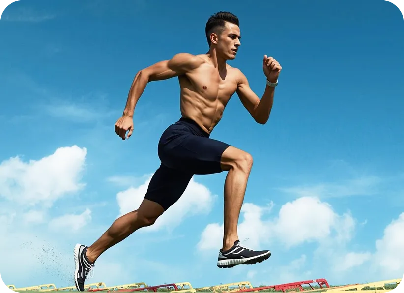 Shirtless man in black shorts and running shoes jumping outdoors against a bright blue sky with clouds.