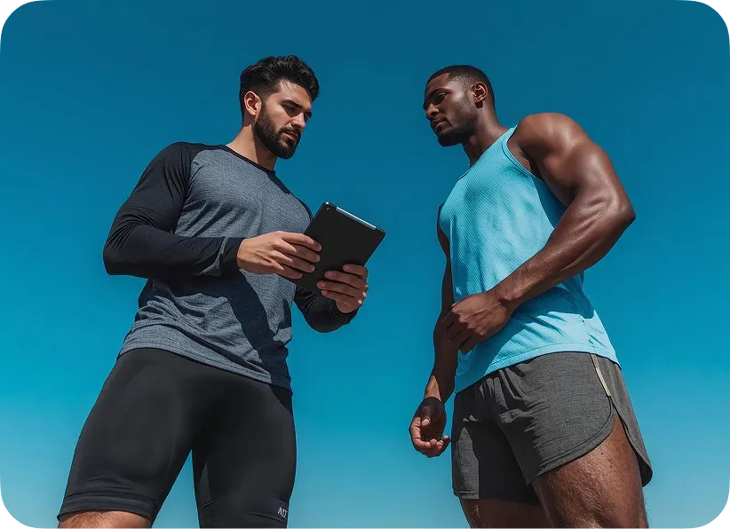 Two muscular men wearing athletic clothes looking at a tablet against a clear blue sky.