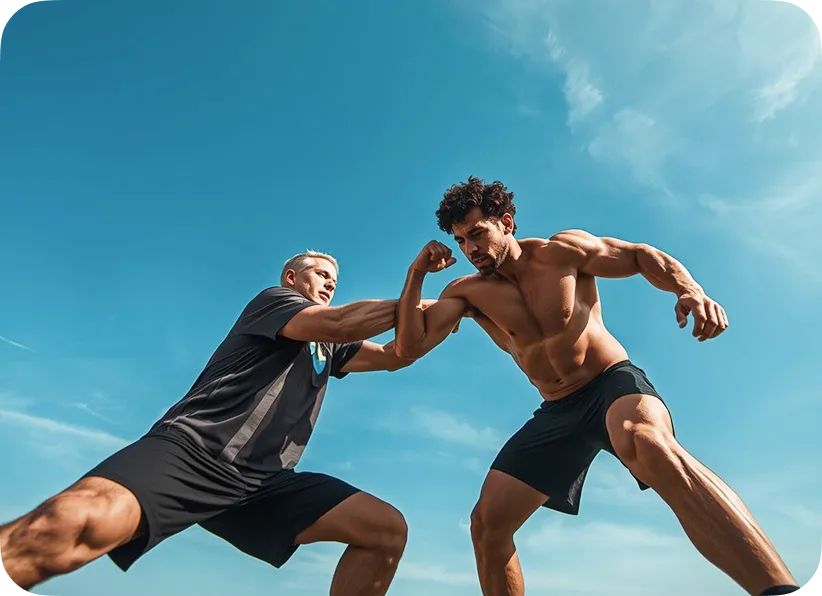 Two athletic men, one shirtless and one in black sportswear, sparring outdoors under a clear blue sky.