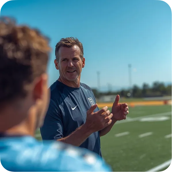Man in a navy blue Nike shirt coaching or instructing a player on a football field under clear blue sky.