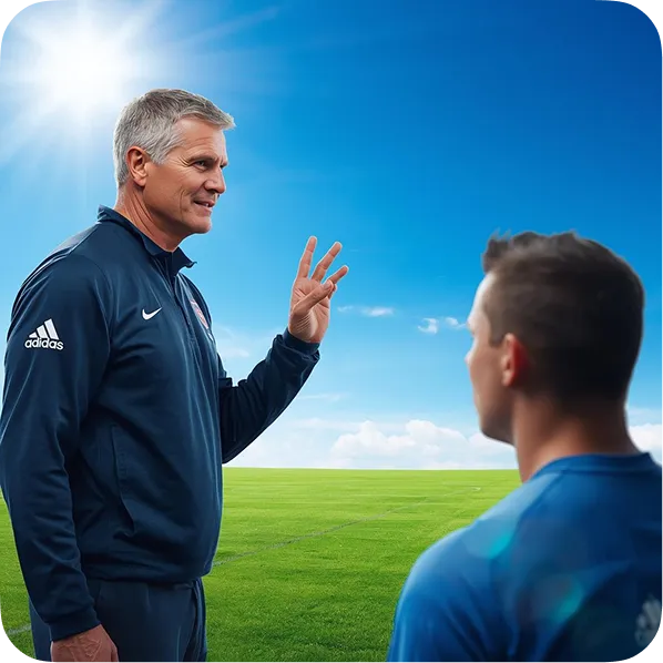 Coach in navy Adidas tracksuit gesturing with three fingers while talking to an athlete on a sunny green field.