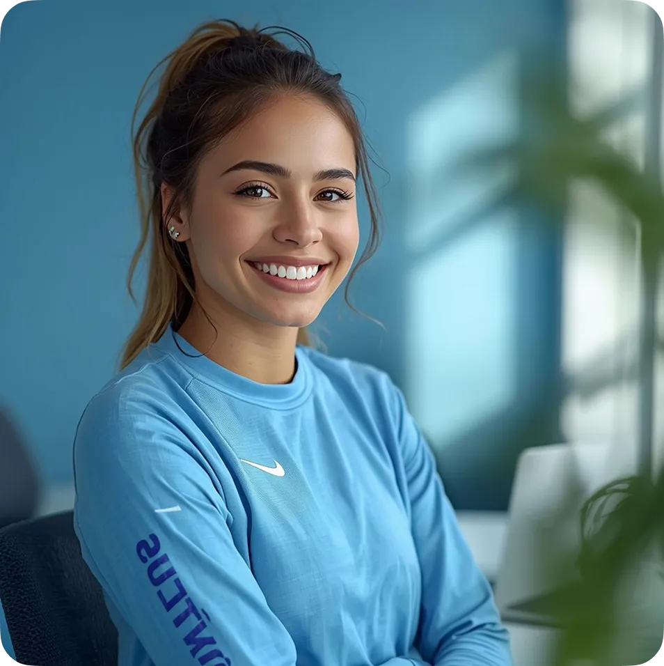 Smiling young woman with brown hair in a ponytail wearing a light blue Nike sweatshirt, sitting indoors with a blurred background.
