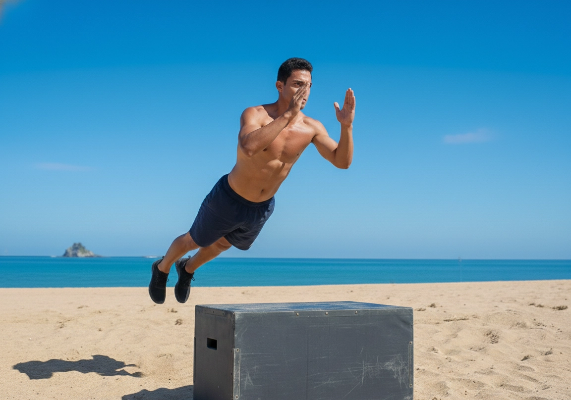 Shirtless boy playing beach soccer, juggling a ball with his foot on a sandy shore under clear blue sky.
